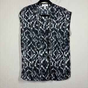 H Halston Small V Neck Shirt Blouse Medina Black Abstract Print Sleeveless
